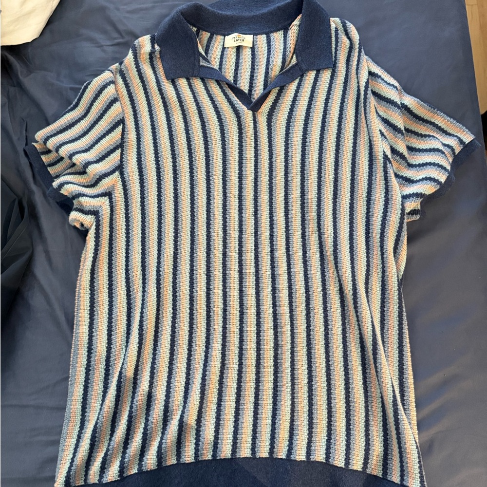 Marine Layer Striped Polo Shirt - Blue and Cream
